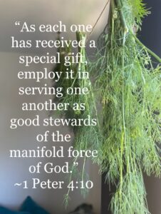 1 peter 4:10 verse text on hanging herbs background