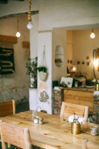 minimalist wood table in kitchen