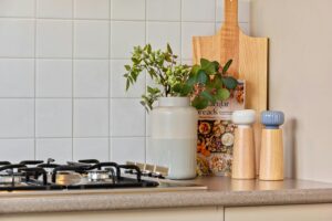 wooden cutting board, salt and pepper, and plant in front of a tile splash in aesthetic kitchen